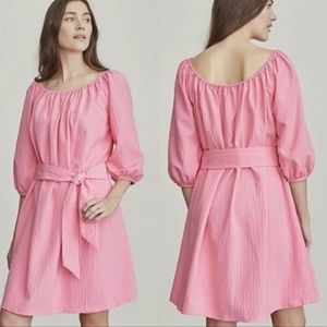 Elizabeth & James Pink Belted Shift Off Shoulder Dress with Puff Sleeves
